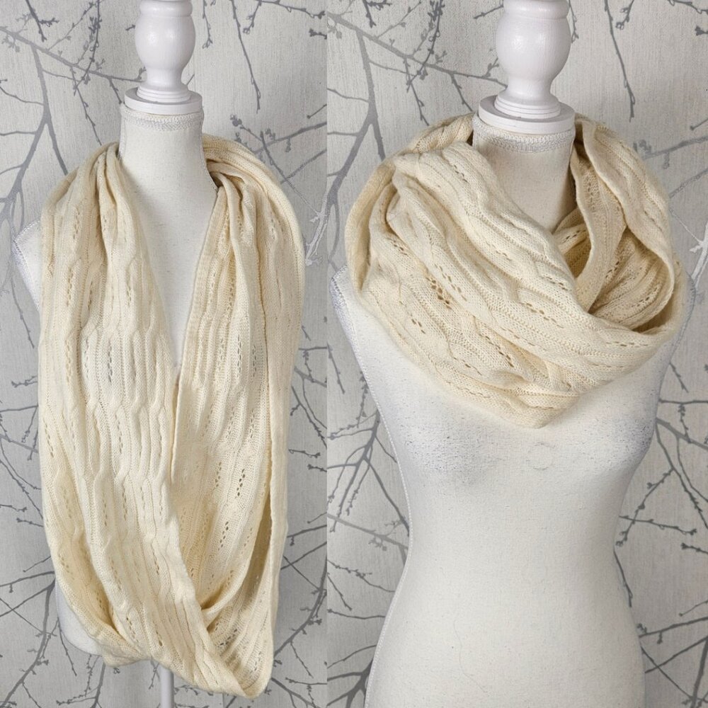 Celeste Ivory 90% Wool 10% Cashmere Eyelet Cable Knit Infinity Scarf